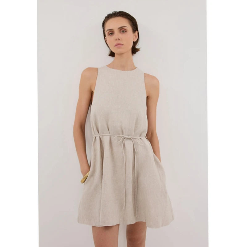 Elegant Summer Casual A-Line Dress Lace-Up Sleeveless Front Logo 100% Linen Fabric Woven Weave Washable for Natural Day Outfits