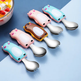 Stainless Steel BPA Free Pig Bear Pattern Cute Shape Spoon Fork Kid Children Cutlery Set With Box