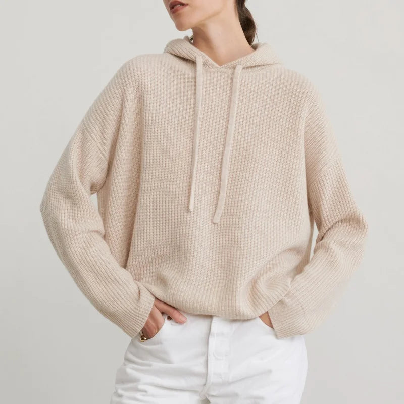 OEM ODM Luxury 100% Cashmere Hoodie Sweater for Women Oversized Winter Knitwear Fisherman Rib Stitch Casual Style Front Logo