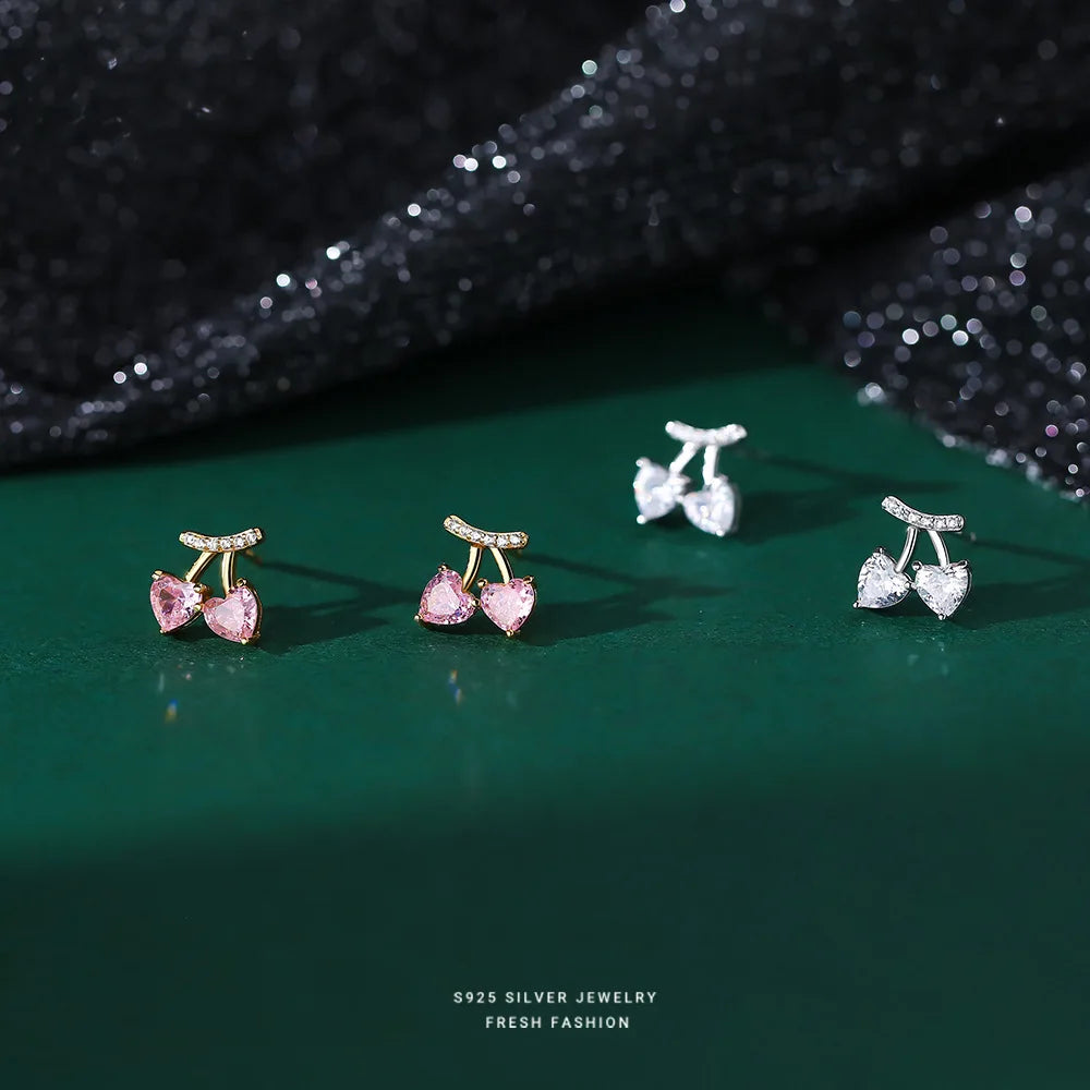 Pure 925 Sterling Silver Korean Fashion Small Cute Zircon Cherry Shape Stud Earrings for Women Girls Jewelry