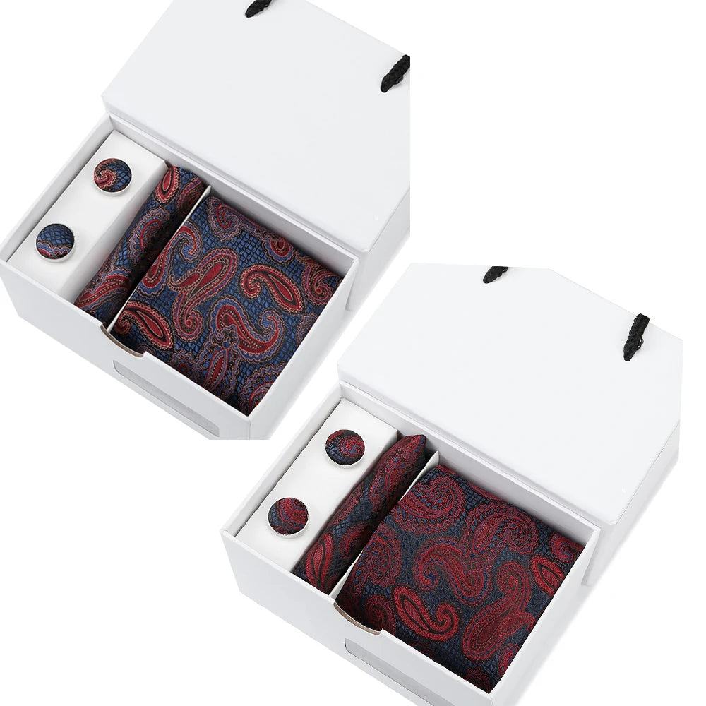 1200 Needles Red Paisley Polyester Tie Set for Men Necktie Set With Cuff Links Handkerchief in a Tie Packaging Box