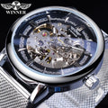 Winner Fashion Silver Mechanical Watch Automatic Men's Mesh Band Steampunk Transparent Stainless Steel Sport Wristwatch