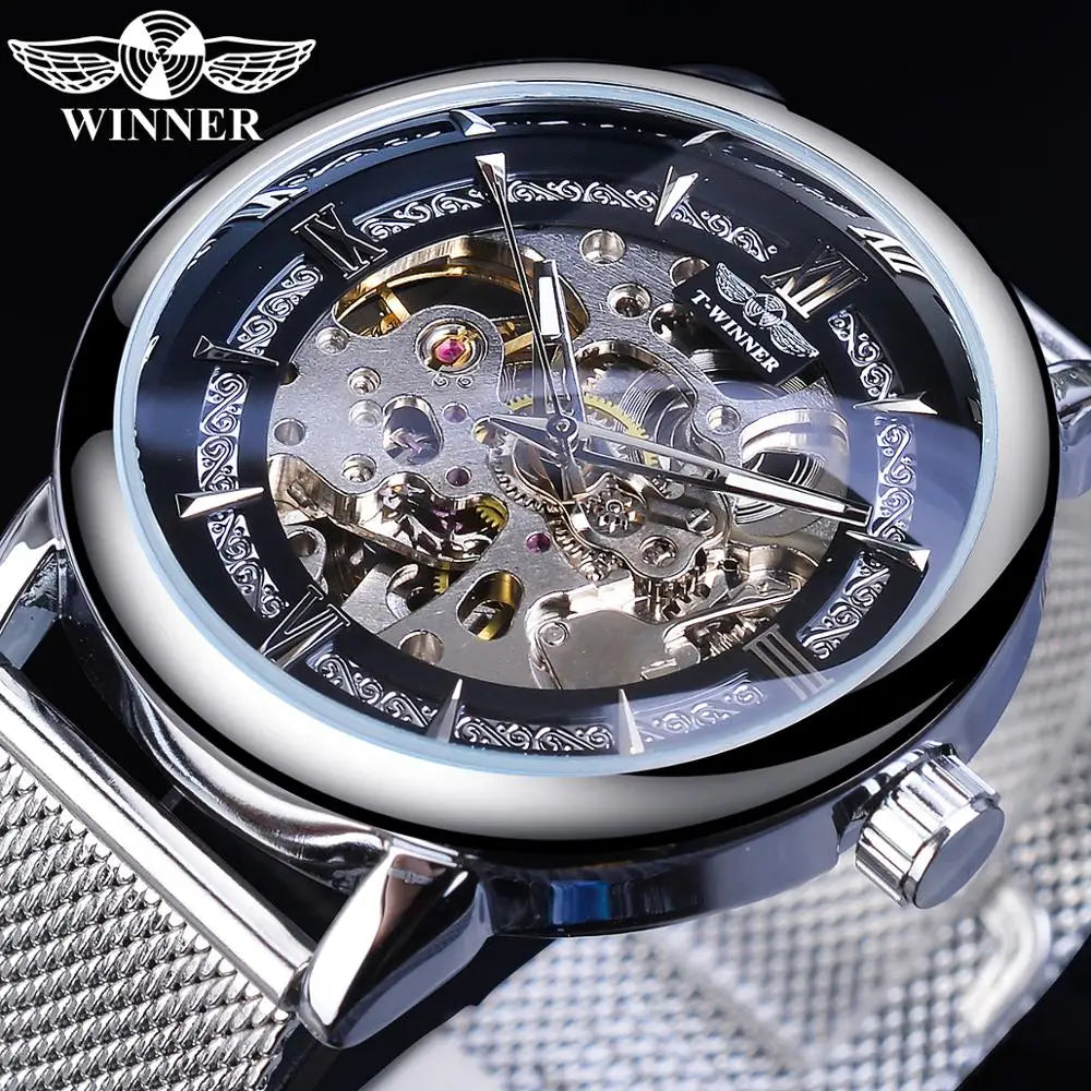 Winner Fashion Silver Mechanical Watch Automatic Men's Mesh Band Steampunk Transparent Stainless Steel Sport Wristwatch