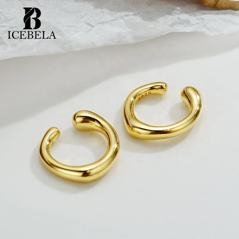 ICEBELA Jewelry S925 Sterling Silver Irregular Geometric Ear Cuffs De Plata Gold Plated Clip Hoop Women Earrings