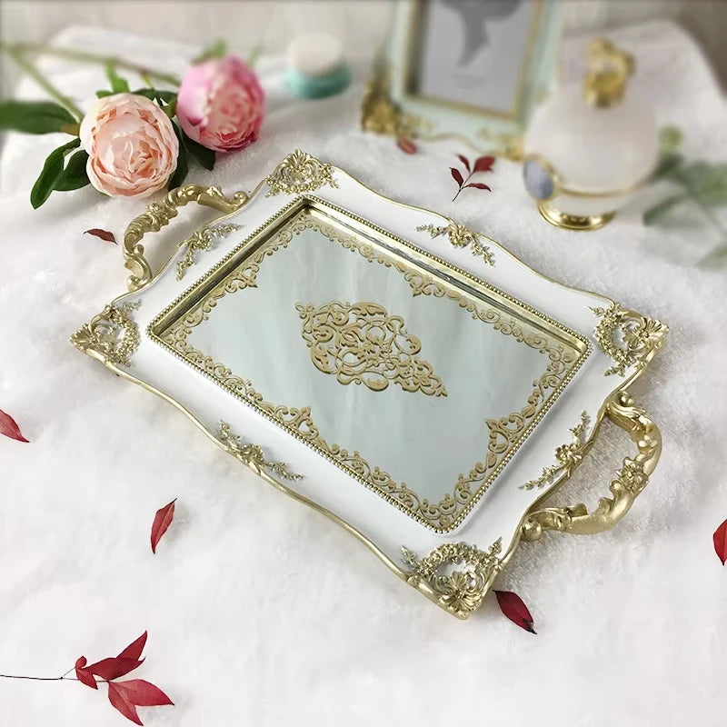 Wholesales European Golden Mirror Tray Home Decoration Decorative Ornament Resin Golden Mirror Tray