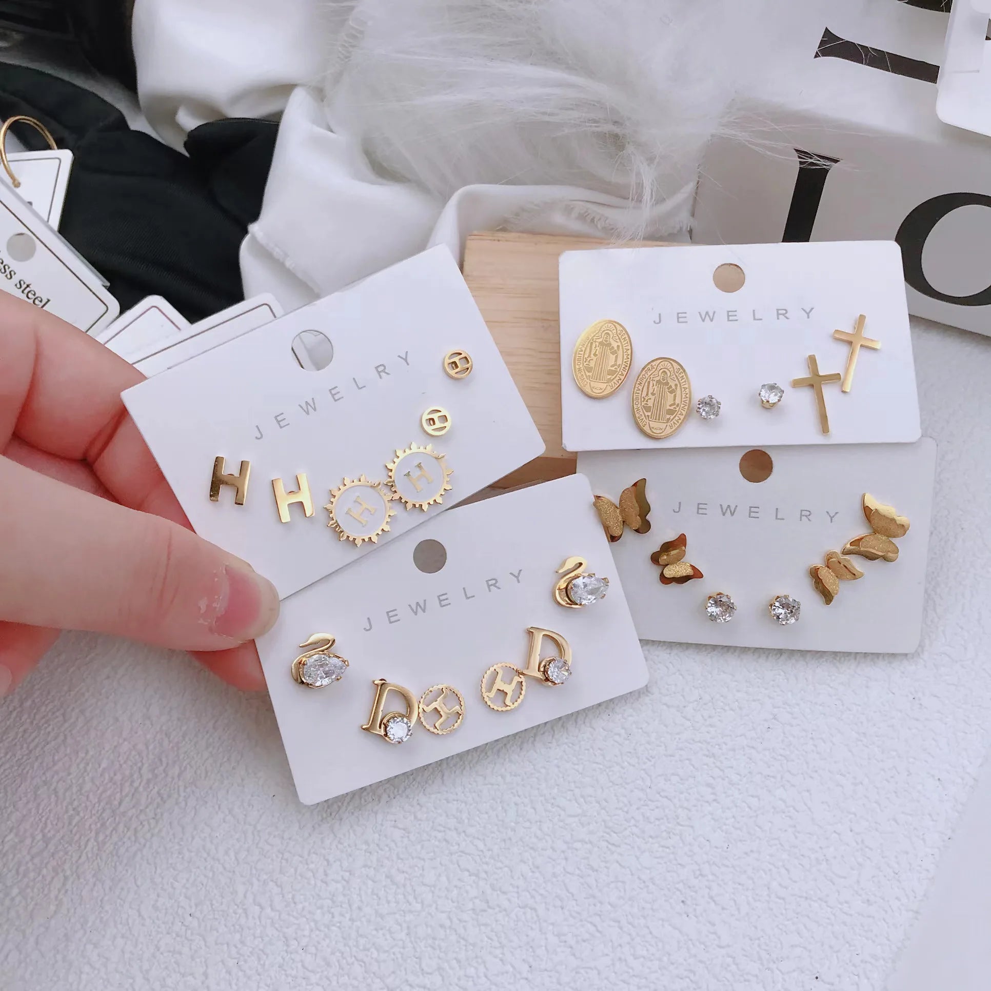 Colorful Gold Women's Stud Earring Set 3pcs Cute Stainless Steel Jewelry ZS Jewelry 8g Wholesale