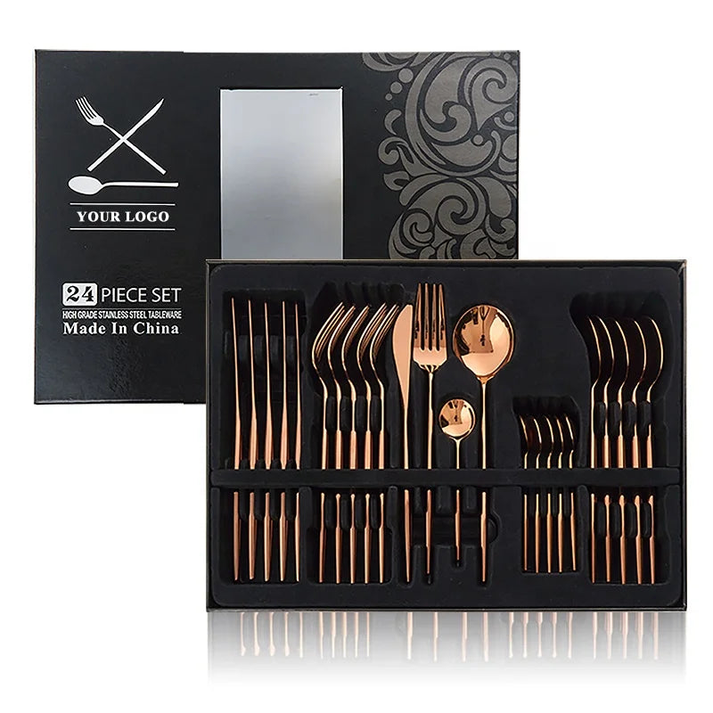Wholesale 24PCS PVD Gold Plated Stainless Steel Flatware Set Business Gifts for 6 Spoon Fork Knife Cutlery