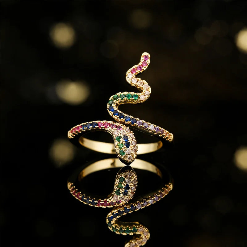 2025 Fashion Colorful Zircon Snake Ring Open Rings 18k Gold Plated Ring Jewelry for Women Girls