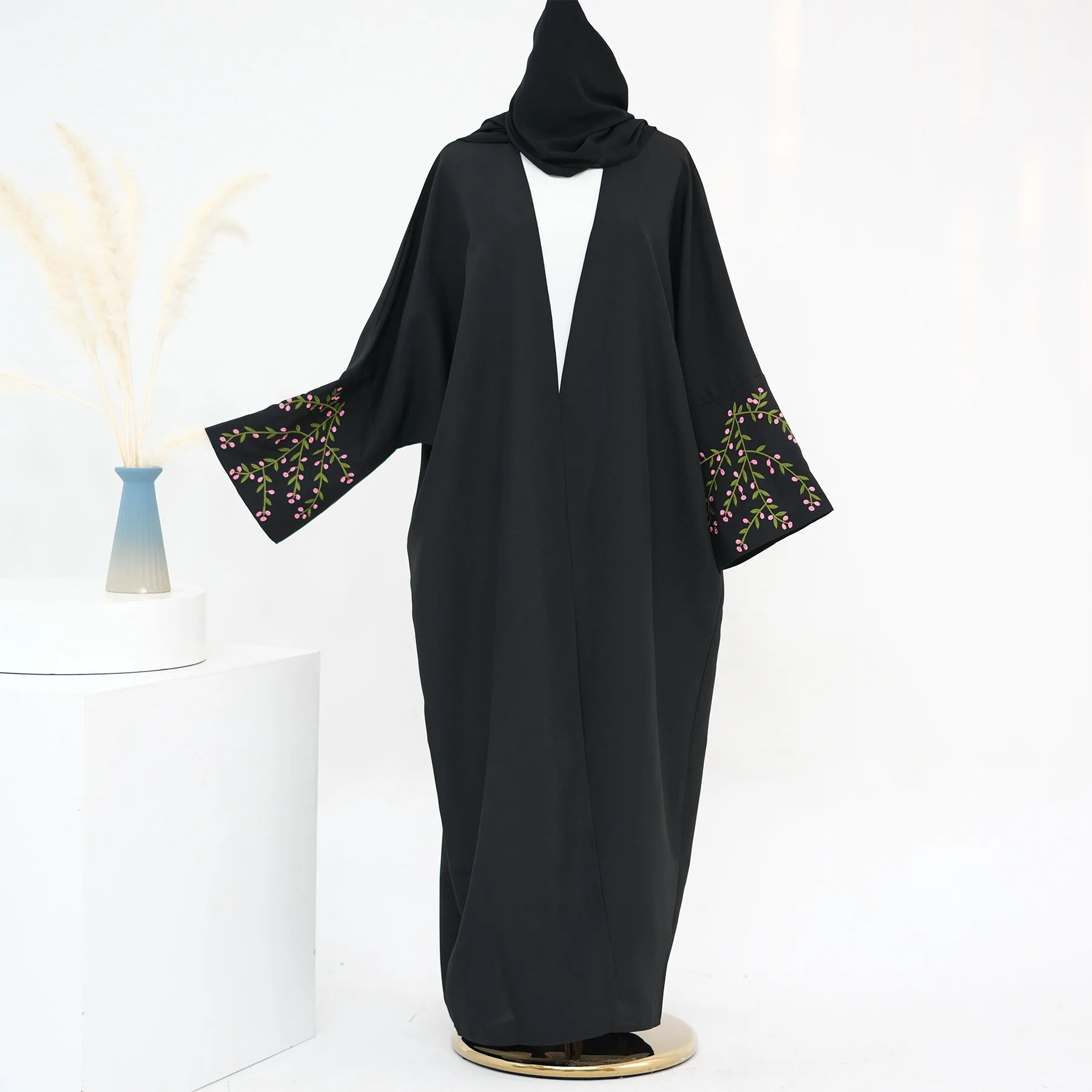 Embroidered Palestinian Abaya New Muslim Handwork Plant Embroidery Special Sleeves Cardigan Open Abaya Women Muslim Dress