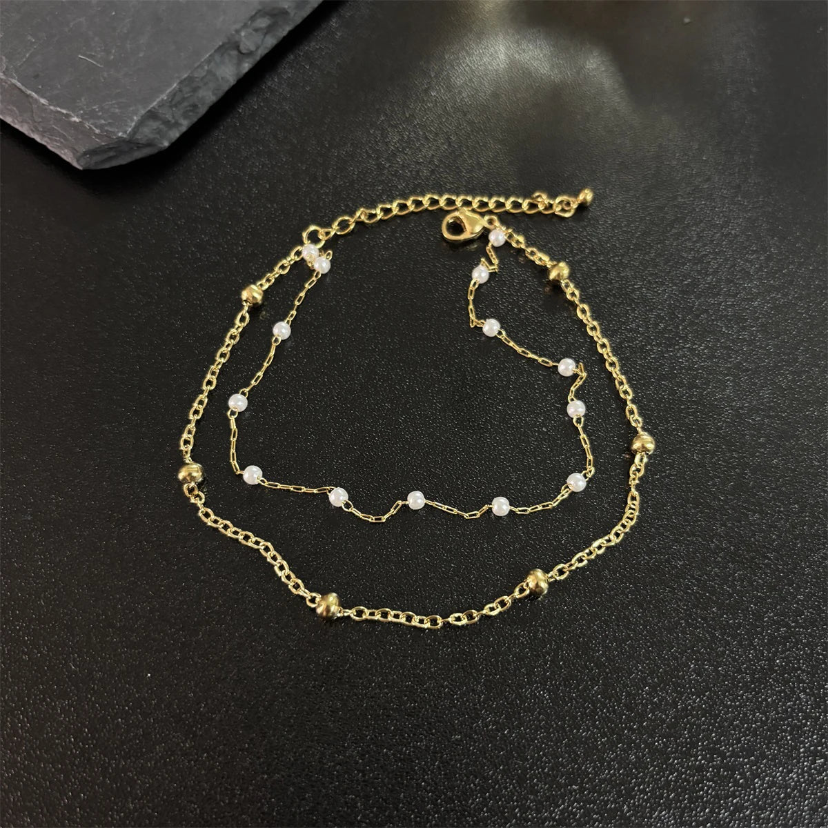 Summer Season Pearl Bead Stainless Steel Gold Plated 2 Layers Women Beach Travelling Women Anklets