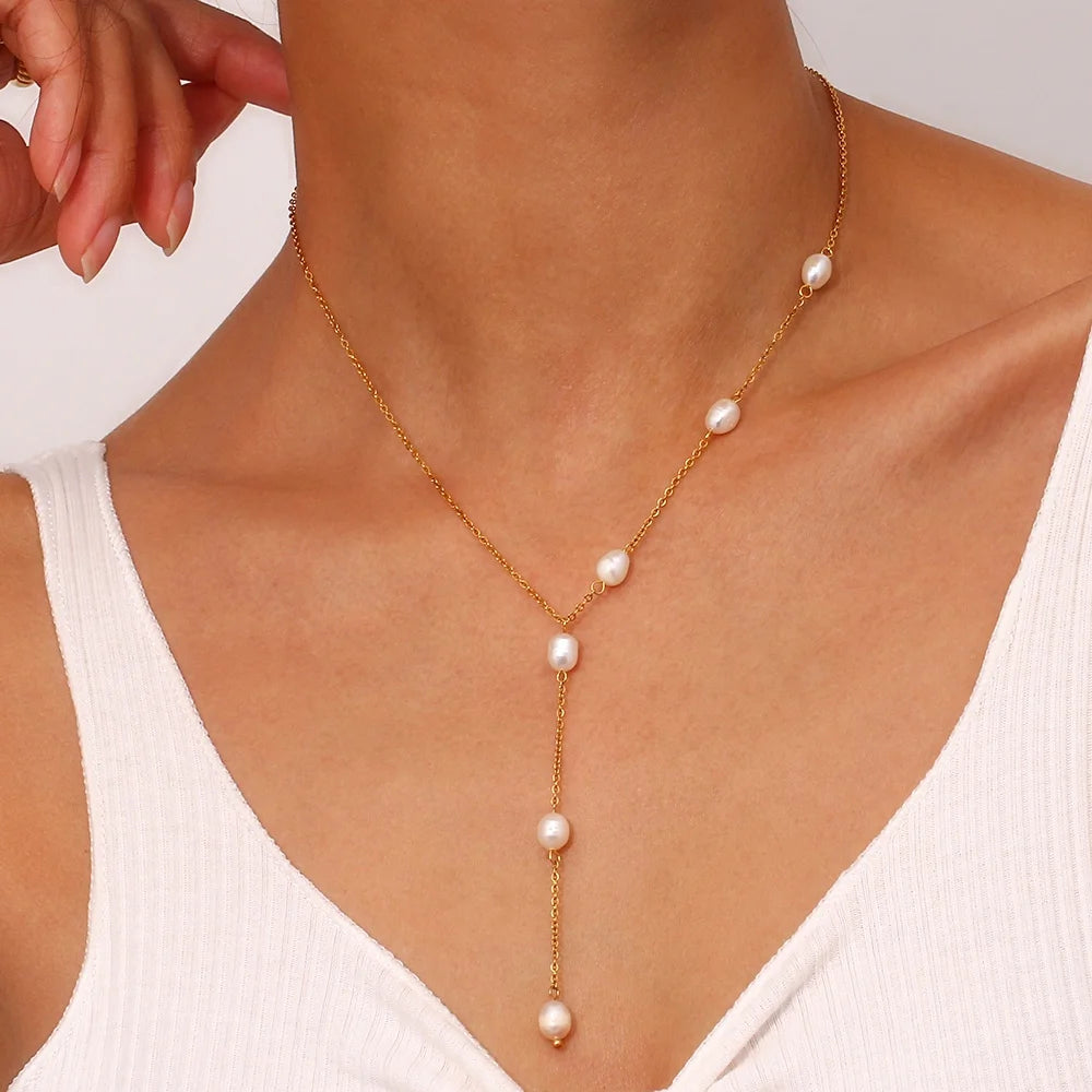 Dreamshow Pearl Tassel Necklace 18K Gold Plated Stainless Steel Gold Chain Necklace Tarnish Free Fashion Jewelry Necklaces