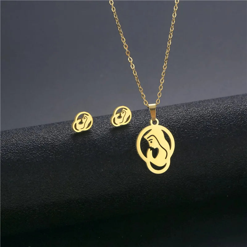 Mother's Day 18K Gold Plated Stainless Steel Mom Shape  Necklace  Earrings Set Wholesale Jewelry for Women