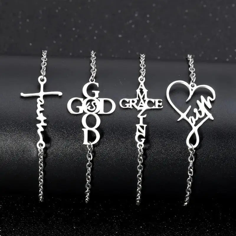 SC Popular Punk Faith Heart Bracelet Cool Stainless Steel Bracelet Hip Hop God Initial Silver Geometric Cross Bracelet for Women