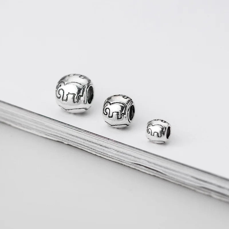 Engraved Vintage S925 Thai Silver Lucky Elephant Loose Beads for Diy Bracelet Making