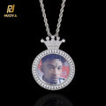 NUOYA Custom Photo Memorial Pendant Iced Out Zircon Crown Circle Design Bling Medallion Charm Pendant Jewelry  for Men Women