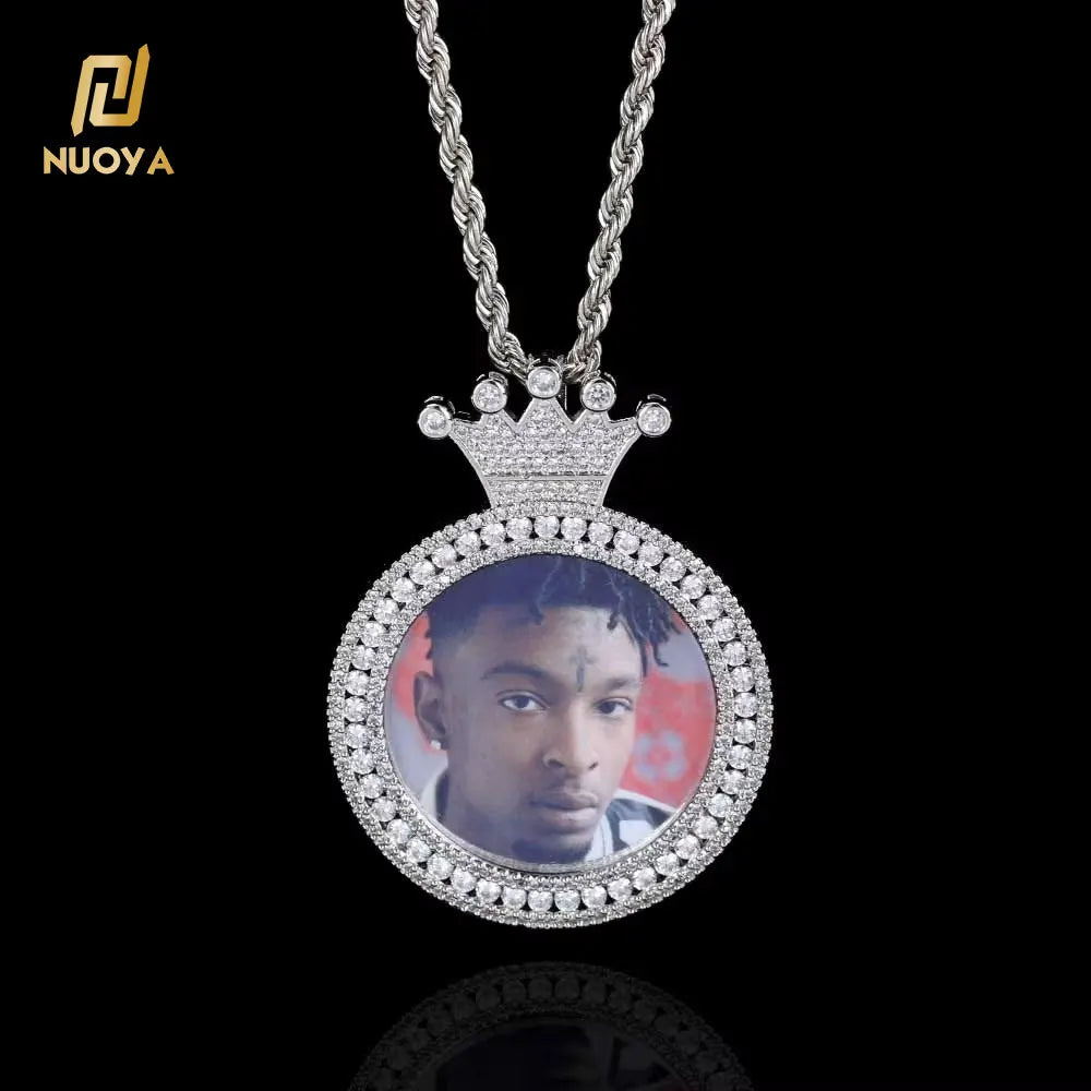 NUOYA Custom Photo Memorial Pendant Iced Out Zircon Crown Circle Design Bling Medallion Charm Pendant Jewelry  for Men Women