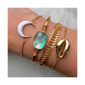 BM27548 White Double Horn Abalone Cuff Bracelet Abalone Shell Jewelry Rainbow Seashell Charm Boho Chic Fishbone Chain Bracelet