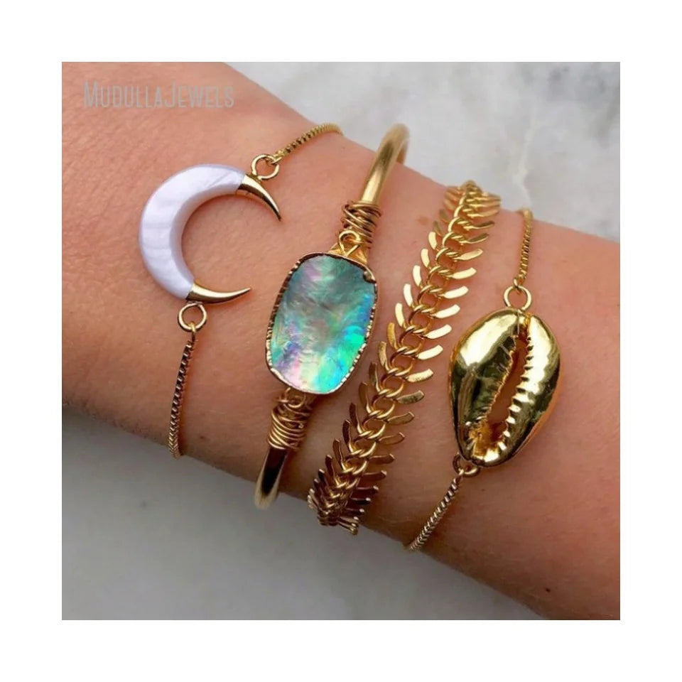 BM27548 White Double Horn Abalone Cuff Bracelet Abalone Shell Jewelry Rainbow Seashell Charm Boho Chic Fishbone Chain Bracelet
