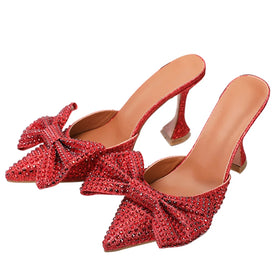 Pointed Toe Rhinestone Mule Pumps Bow Knot High Heels for Women Crystal Shoes
