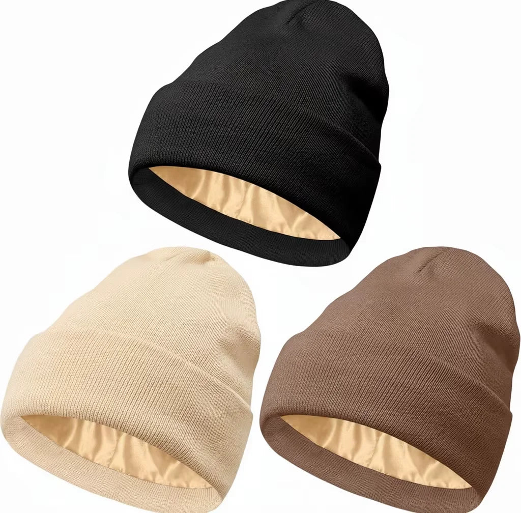 Unisex Knitted Winter Beanie 3D Embroidery New Design Custom Logo Satin Lined Wholesale Blank Beanie for Beach Casual