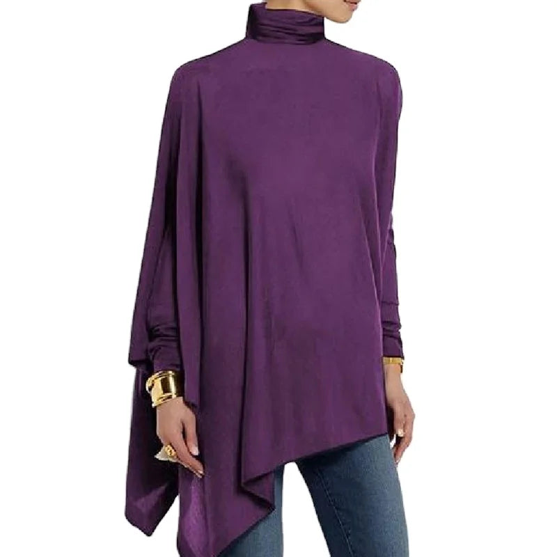 RNSHANGER Turtleneck Batwing Sleeve T-shirts for Women Autumn Irregular Hem T-shirt Ladies Pullover Fashion Tee Shirt