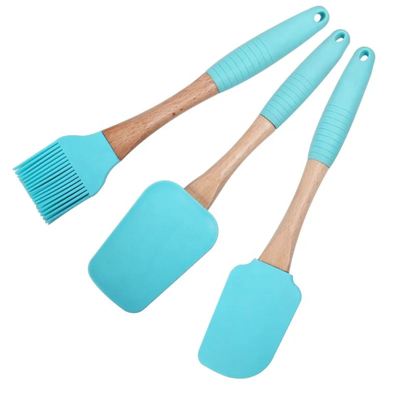 3-Piece Eco-Friendly Blue Silicone Baking Suit for Cookware Multicolor Non-Stick Spatula Oil Brush Turner Kitchen Tools Set
