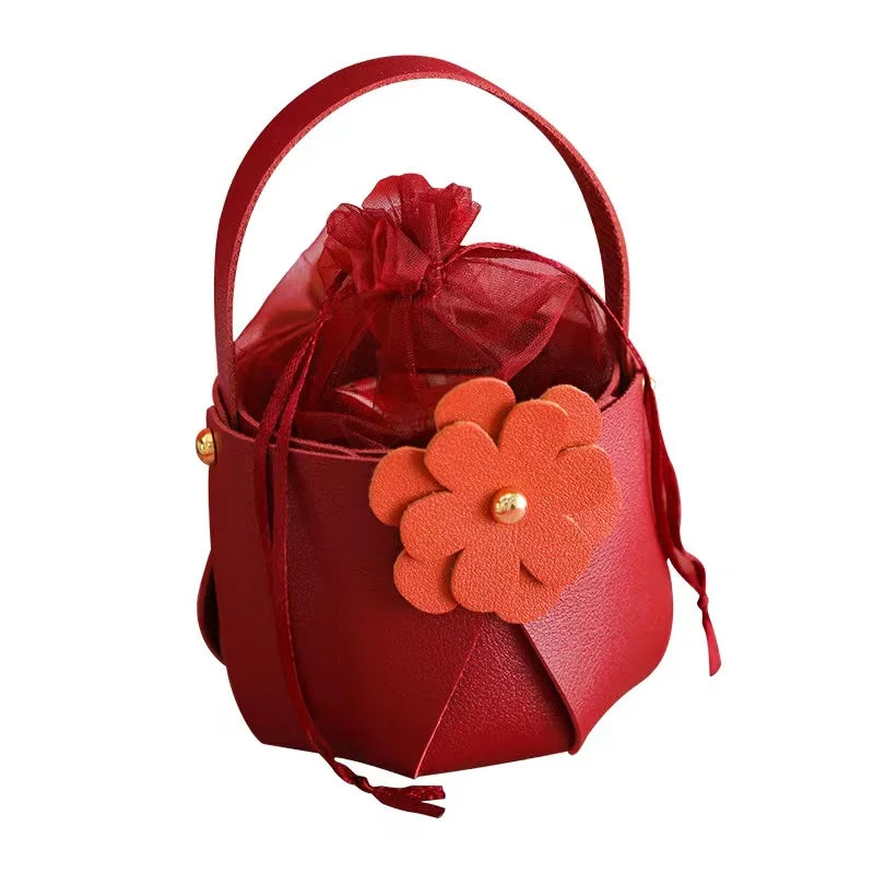 Leather Birthday Sweet Gift Bag Box With Handle Wedding Candy Gift Favors Handbag Basket Box Bags With Organza Drawstring Bag
