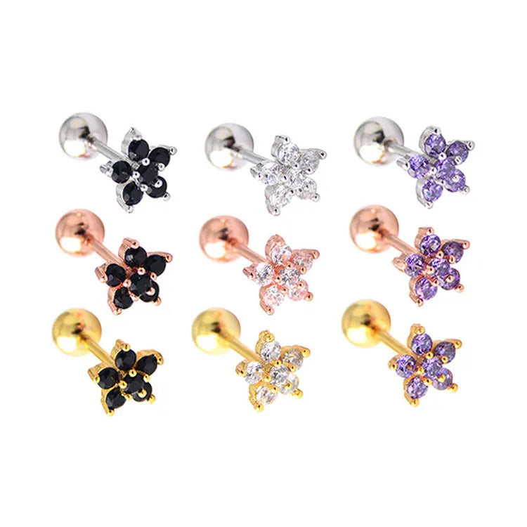 SC Wholesale Colorful Shiny Diamond Earrings 0.8mm Piercing Stainless Steel Earrings Fashion Zircon Flower Stud Earrings Women