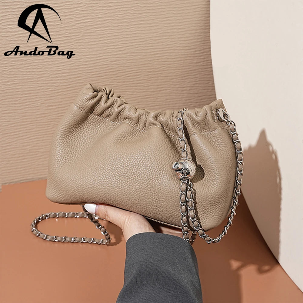 AndoBag Chain Shoulder Crossbody Bags for Women Genuine Cow Leather Pleated Cloud Underarm Bag Fashion Simple Handbag 1102