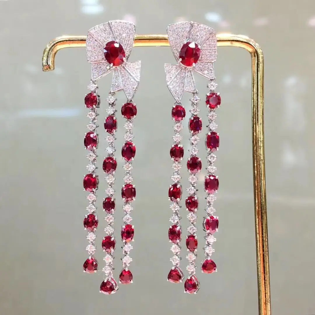 SGARIT Engagement Wedding Party Luxury Earrings 18k Gold Gemstone Jewelry 9.46ct Natural Ruby Tassel Earrings Women