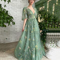 Colorful Flower Lace Long a Line Puffy Half Sleeves Deep V Neck Evening Formal Party Gowns Prom Dresses