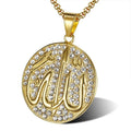 No Tarnish Stainless Steel Crystal Round Charm Islamic Pendant Necklace Gold Plated Allah Pendant Necklace