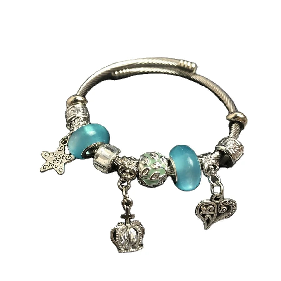 Good Quality Diamond Crown Heart Charm Beads Stainless Steel Crystal Women Charm Bracelets