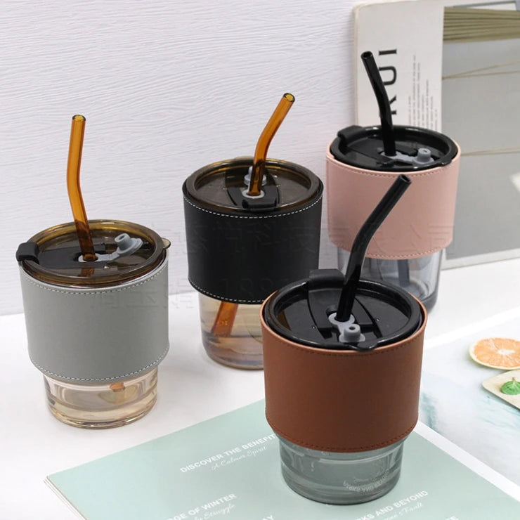 Korea Style Leather Water Bottle 250ml Glass Cup Holder Tableware Tea Cups Cover