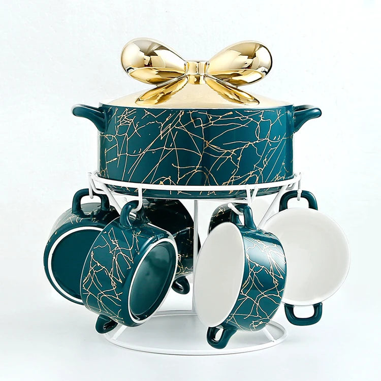 Multifunctional Marble Design Luxury Nordic Round Creative Ceramic Casserole Soup Pot and Bowls Set