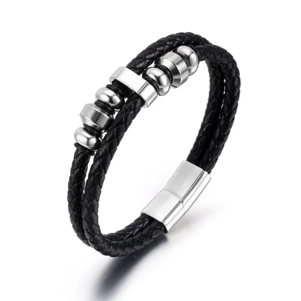 Unique Black Bracelet Multi Strand Braided Leather Cylindrical Beads Silver Magnetic Closure Fashionable Accessory