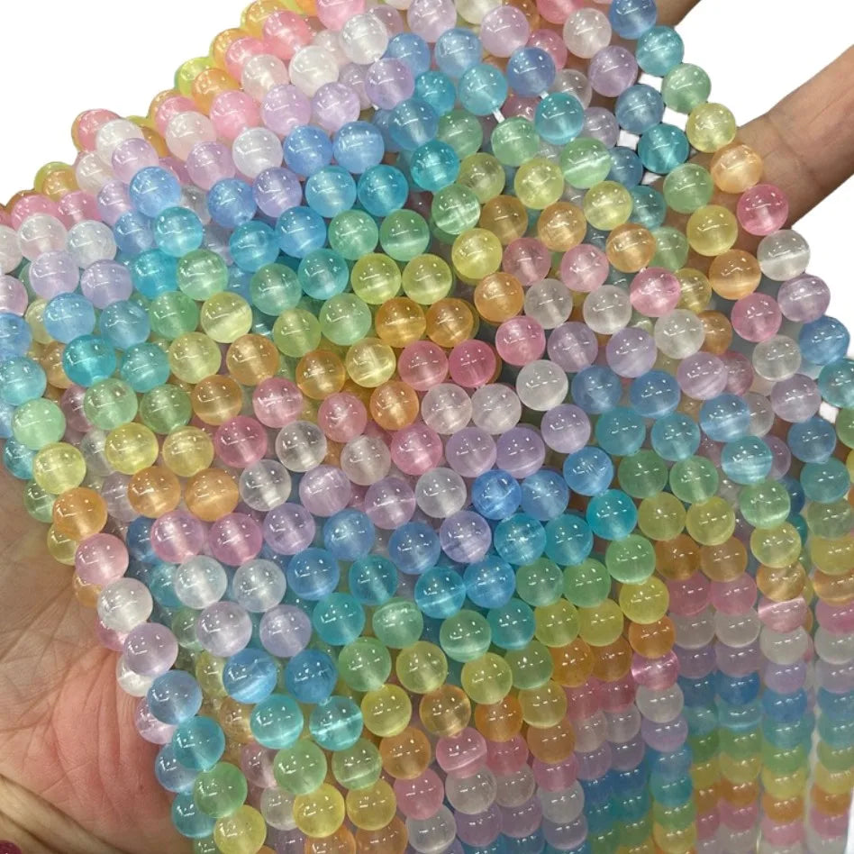 Rainbow Colorful Selenite Round Beads Strand Beautiful Multi-color Cat Eye Nature Stone for DIY Making Jewelry 16''