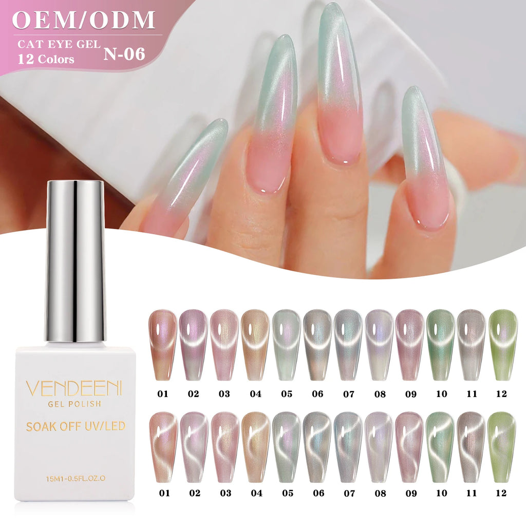 Vendeeni OEM/ODM Wholesale 15ml Moonlight Ceramic Jade Cat Eye Gel Polish Manufacturer Sparkling Glass Cat Eye Gel Nail Polish