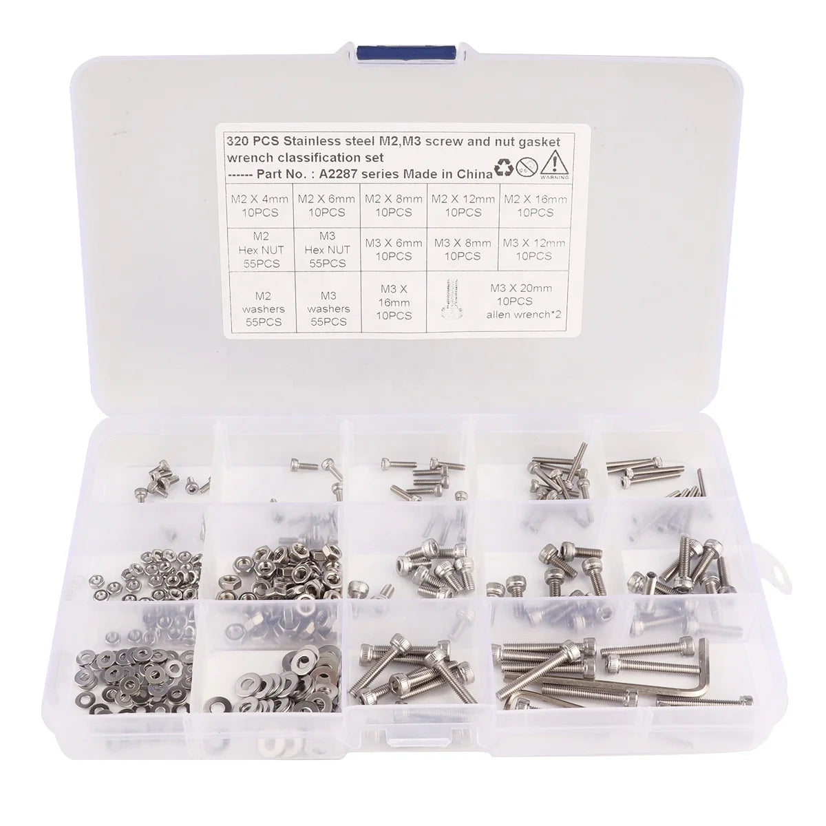 BAJUTU:320pcs M2 M3*4/6/8/12/16/20mm Hexagon Socket Bolts Nuts Screws Washer Assortment 304 Stainless Steel Nut and Washer