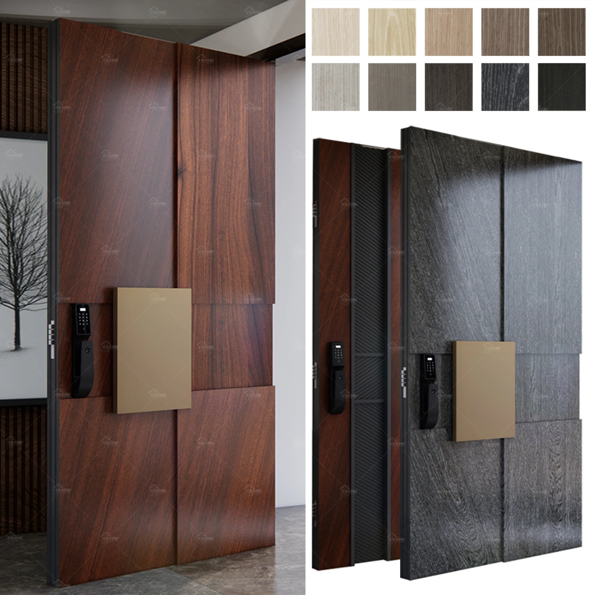 Europe Wooden Door Custom Smart Lock Main External Front Doors Black Walnut Solid Wood Pivot Exterior Security Door