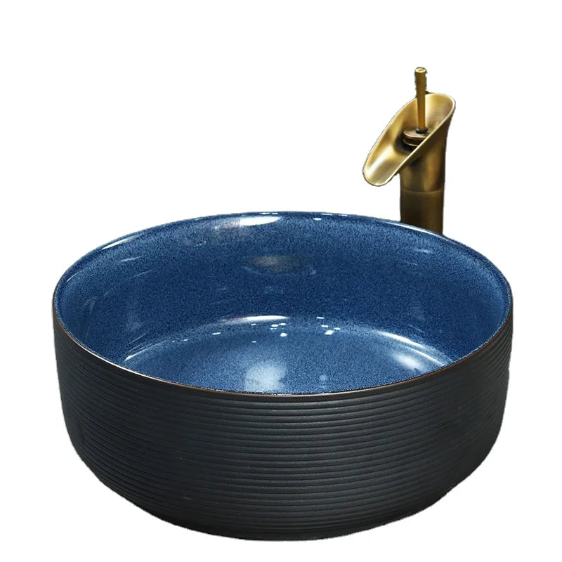 Jingdezhen Countertop Black and Blue Porcelain Eco-Friendly Water Resistant Art Hand Round Shaped Wash Basin