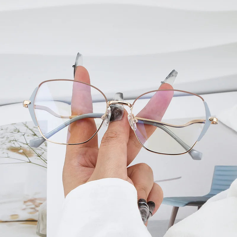 Oval Flex Hinge Metal Frame Spectacle Half-Frame Women's Designer Anti Blue Light Blocking Computer Optical Eyeglasses