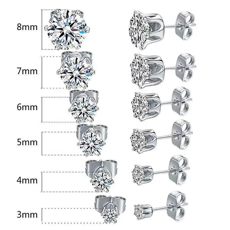 Hot Sale Fine Fashion Jewelry Gold Stainless Steel Zircon Earrings Classic Six-Claw Crown Diamond Zircon Stud Earrings for Women