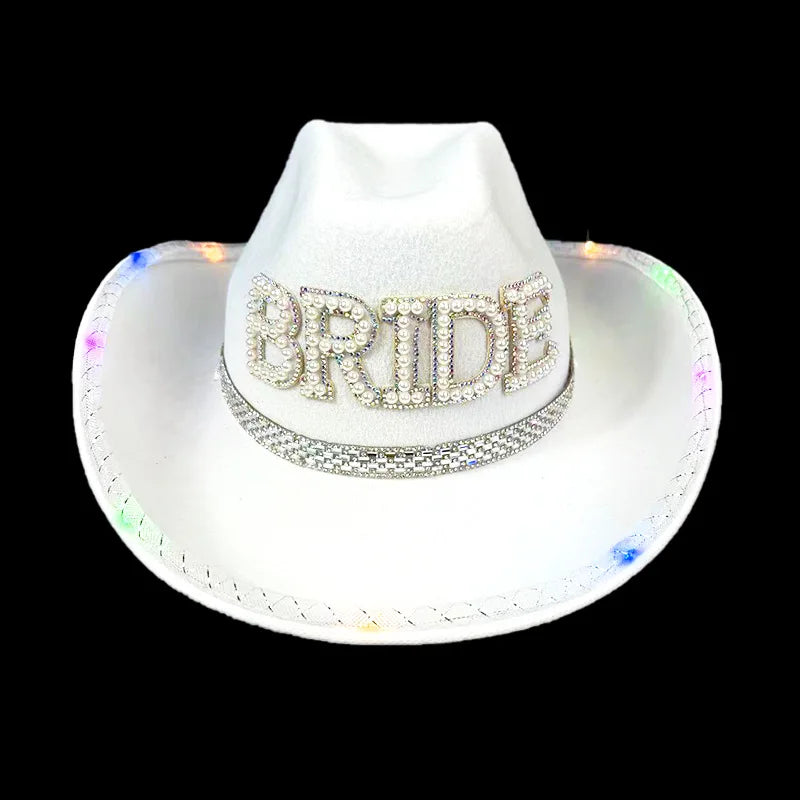 Party White LED Light Bride Wedding Cowboy Bride Bachelorette Cowgirl Hat Bridal Bride Groom Hat MegaBDM
