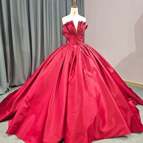 Red Pleated Satin Quinceanera Dresses Off the Shoulder Prom Ball Gown 6681