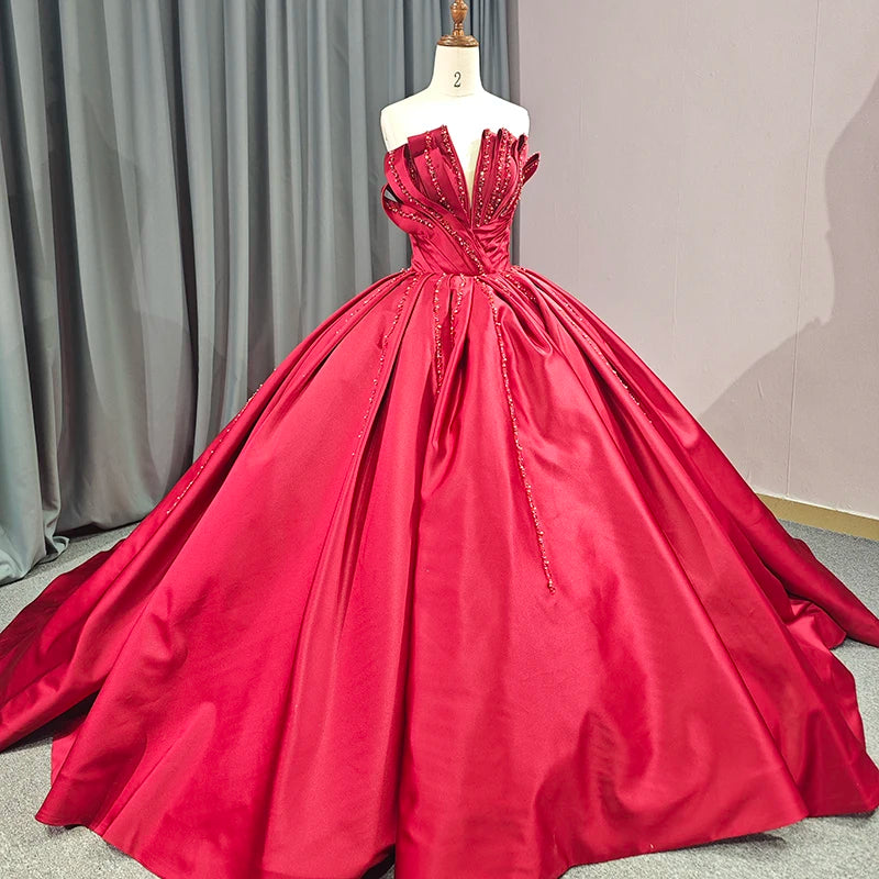 Red Pleated Satin Quinceanera Dresses Off the Shoulder Prom Ball Gown 6681