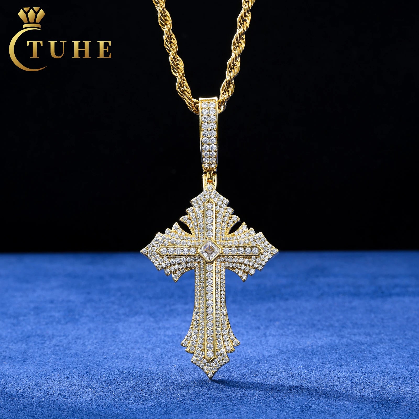 Fine Jewelry Custom Color 925 Sterling Silver Prong Setting Asscher Cut Moissanite Diamond Cross Pendant for Men