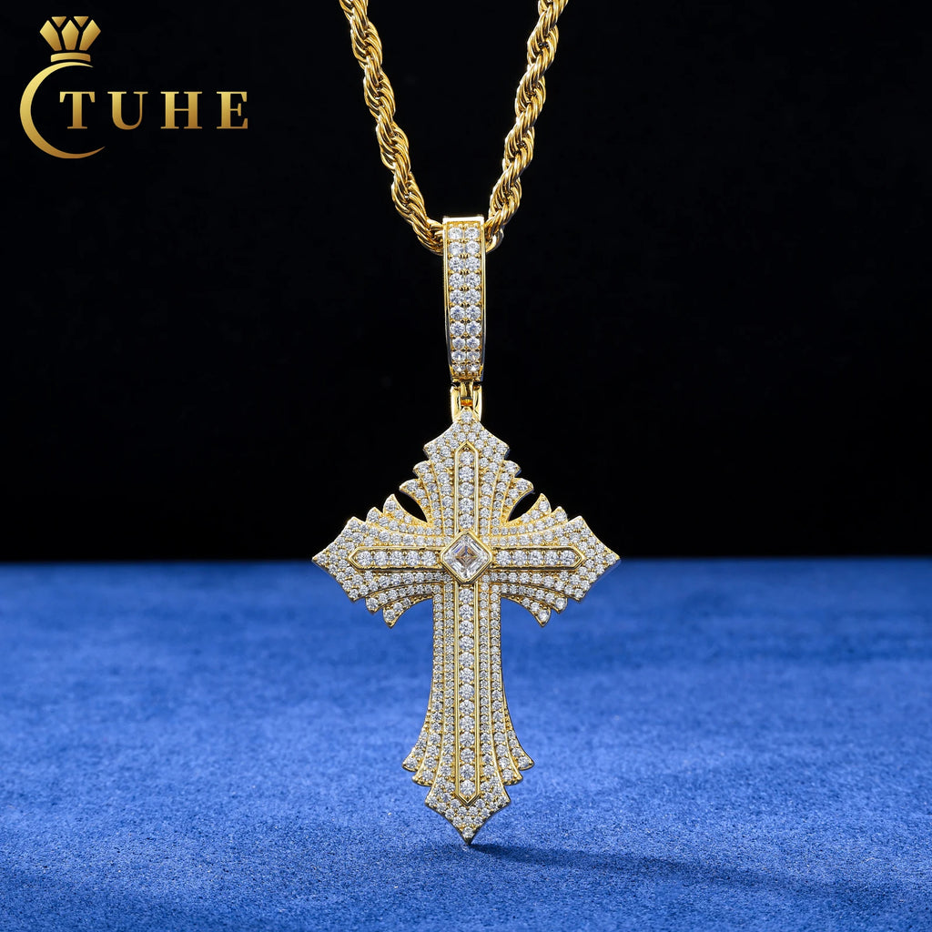 Fine Jewelry Custom Color 925 Sterling Silver Prong Setting Asscher Cut Moissanite Diamond Cross Pendant for Men