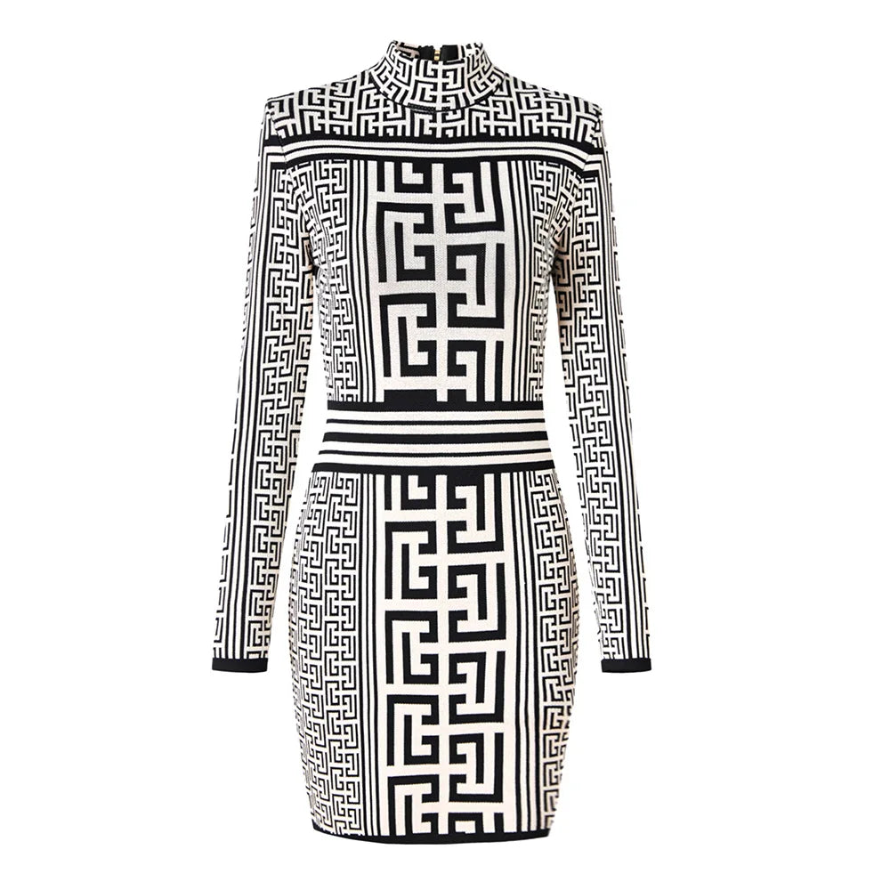 Autumn Lady Turtleneck Long Sleeve Designed Geometric Pattern Slim Fitted Women Knit Skinny Short Dress