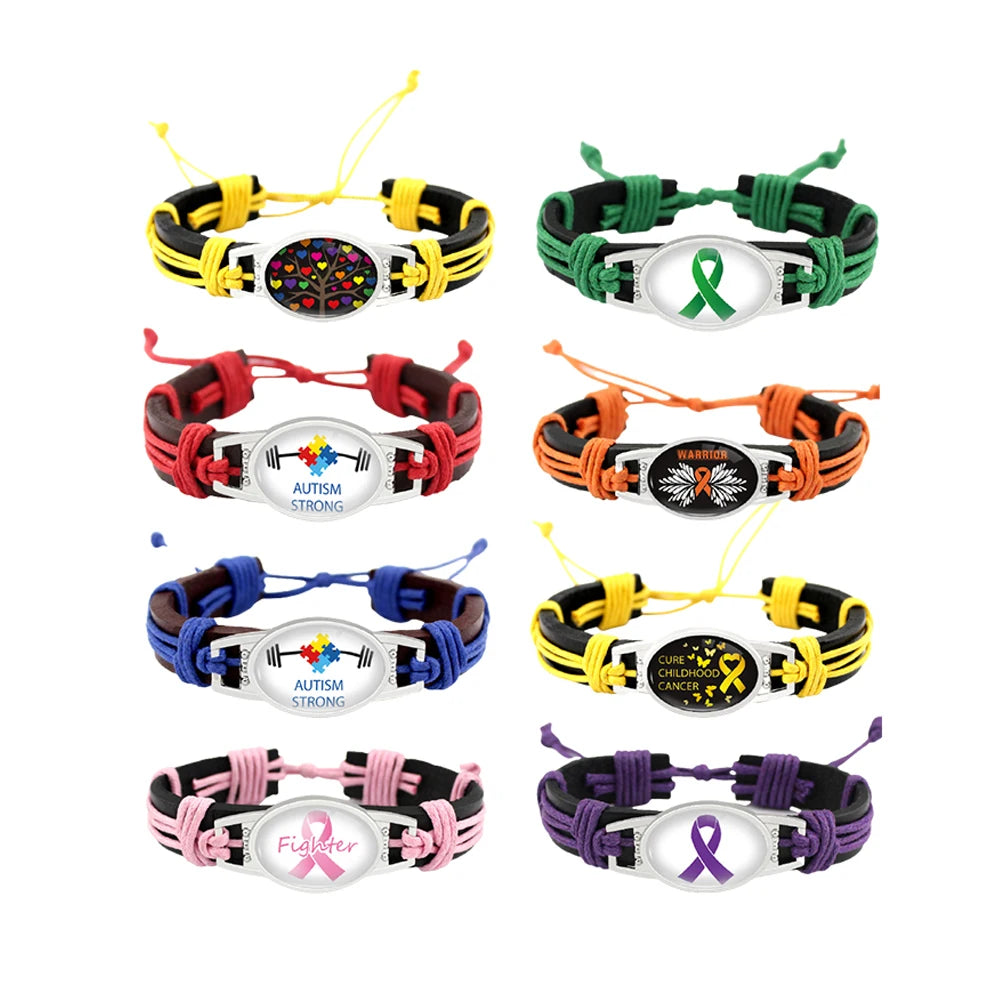 Fighter Warrior Cure Childhood Breast All Cancer Awareness Autism Strong Hope Ribbon Charm Adjustable Genuine Leather Bracelet